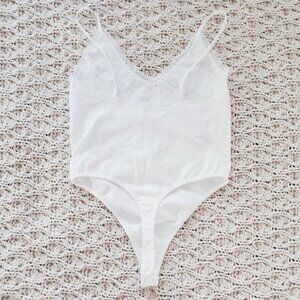 Forever 21 V Neck Strappy Thong Bodysuit Onesie- White